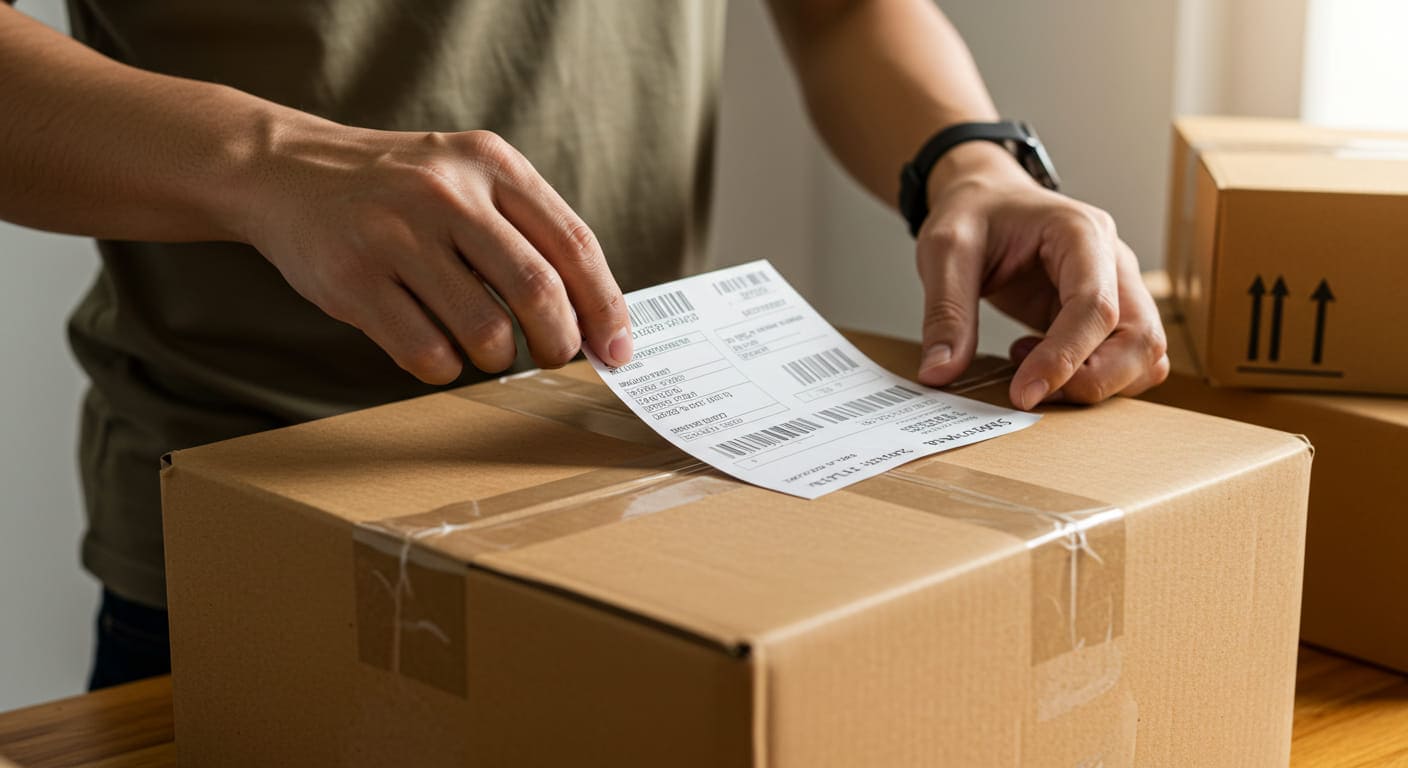Online seller pasting consignment note on the parcel